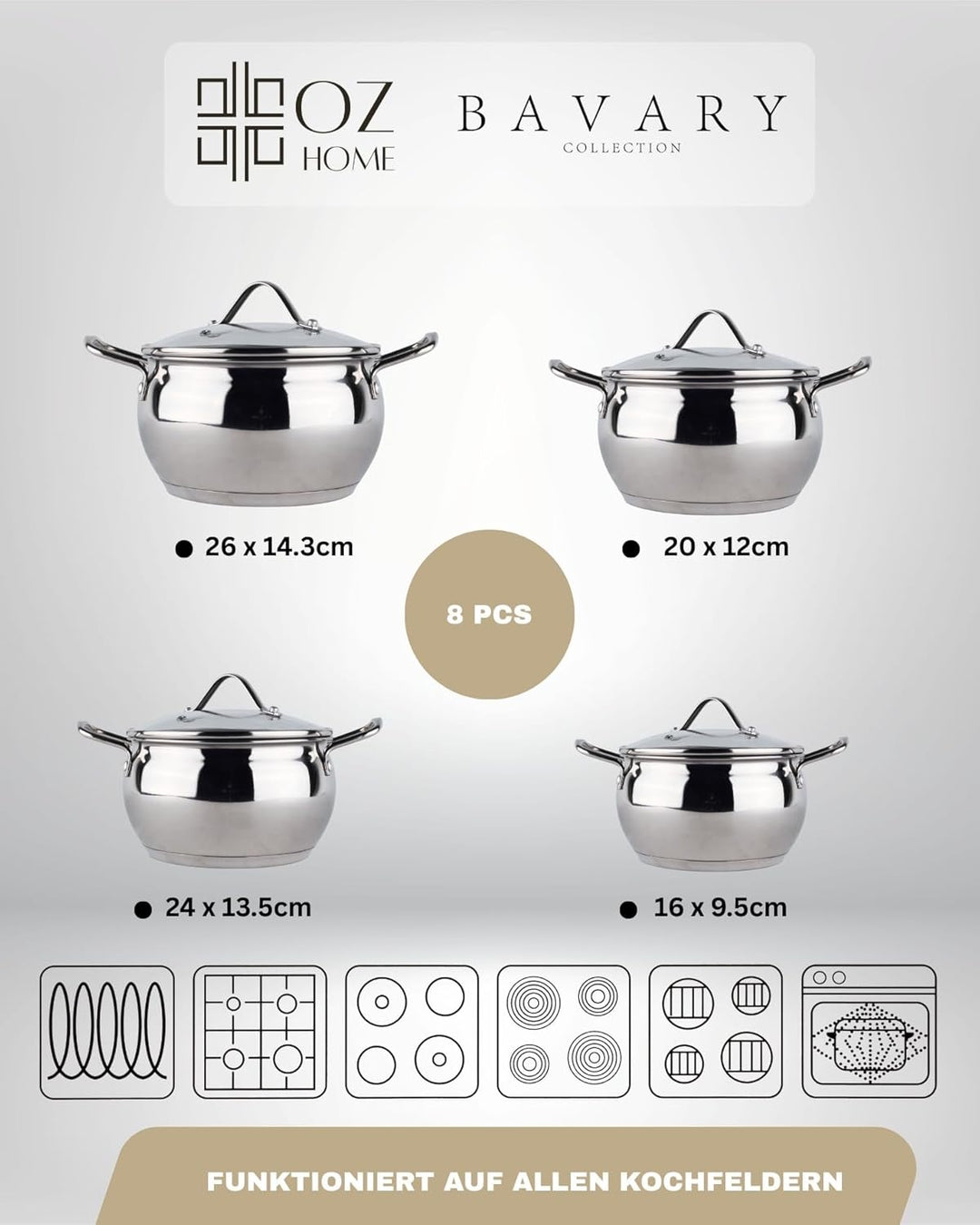 Bavary Kochtopfset 8-teilig – Edelstahl 18/10 Topfset Induktion – Cookware Set mit hitzebeständigen