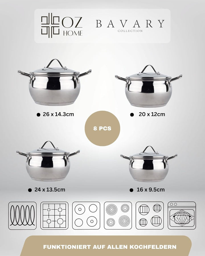 Bavary Kochtopfset 8-teilig – Edelstahl 18/10 Topfset Induktion – Cookware Set mit hitzebeständigen