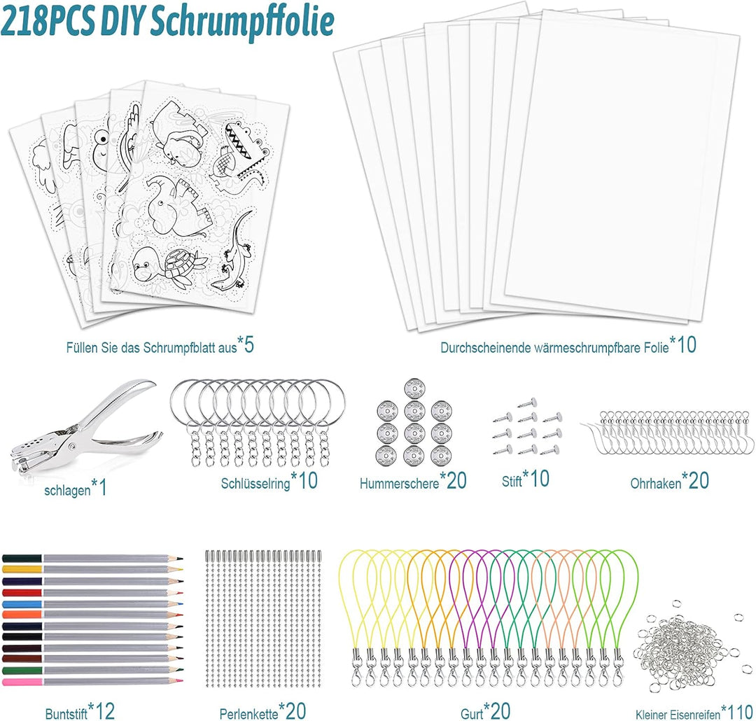 Faburo Schrumpffolie Set 218Pcs DIY Bastelset mit A4 Durchscheinend Schrumpffolienplatten A5 Färbung