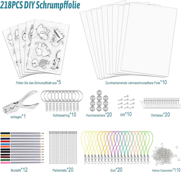 Faburo Schrumpffolie Set 218Pcs DIY Bastelset mit A4 Durchscheinend Schrumpffolienplatten A5 Färbung