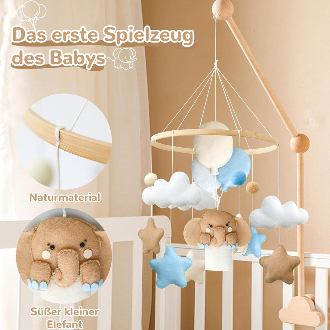 Elefant Mobile Baby Windspiele mit Filzbällen, Elefant, Heissluftballon, Sterne, Wolken Mobile Baby