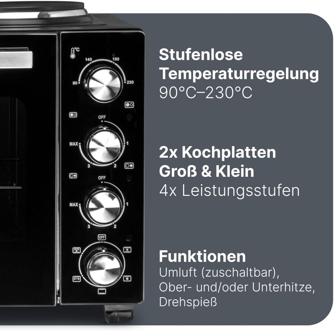 ProfiCook Minibackofen mit Kochplatten und Drehspiess | 32L | Umluft, Oberhitze, Unterhitze, Drehspi