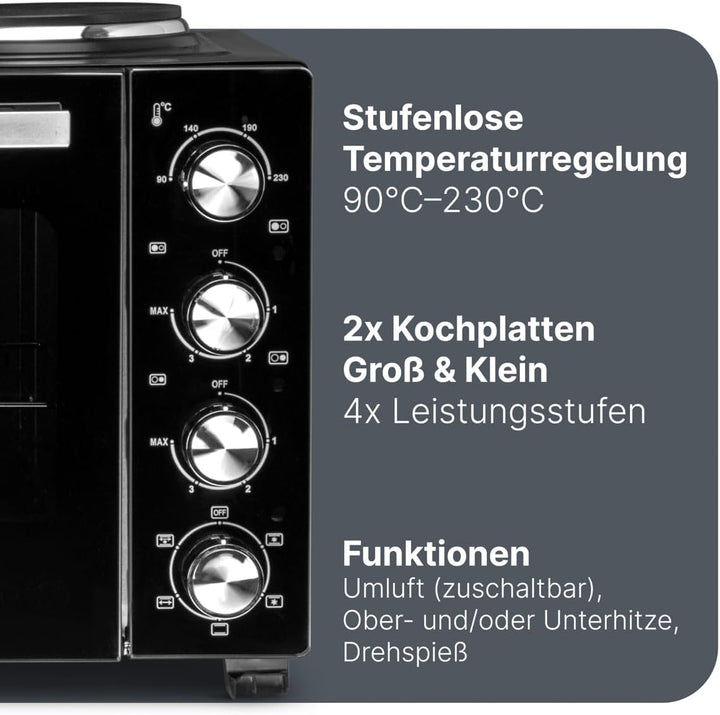 ProfiCook Minibackofen mit Kochplatten und Drehspiess | 32L | Umluft, Oberhitze, Unterhitze, Drehspi