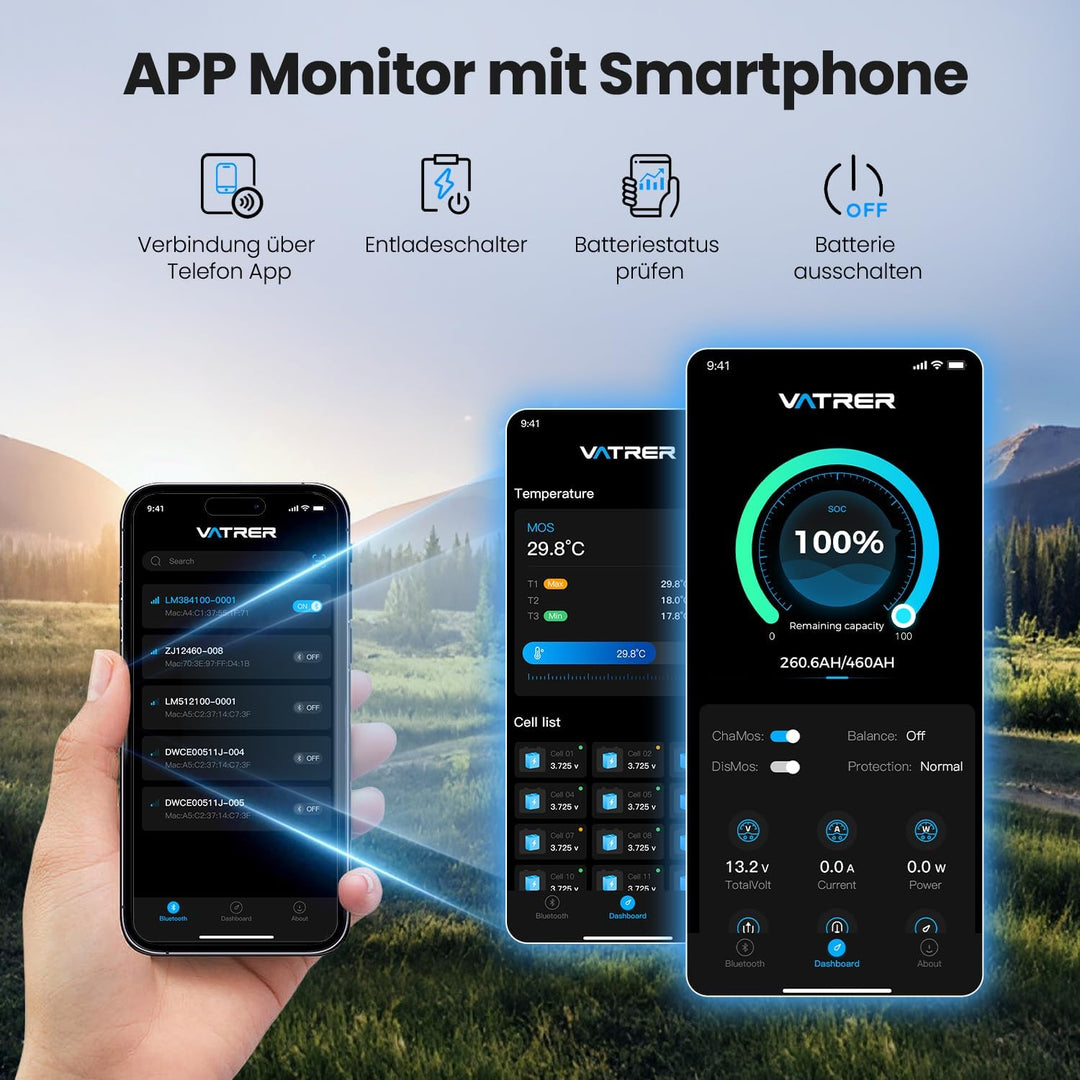 VATRER POWER 12V 460Ah Selbstaufheizende LiFePO4 RV- & Wohnmobil-Batterie, APP-Überwachung, integrie