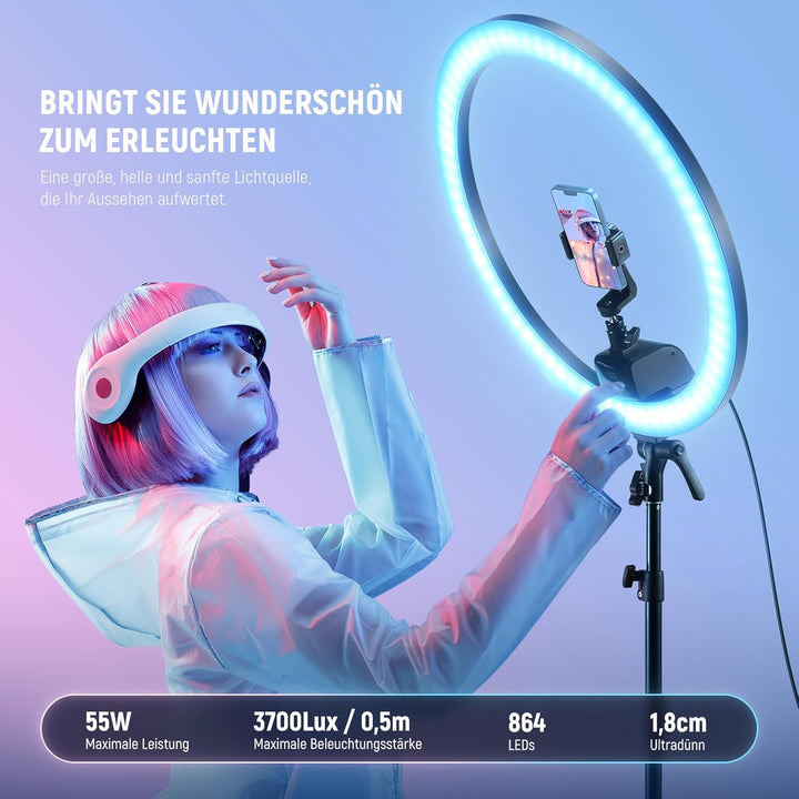 NEEWER SRP18C RGB LED Ringlicht Set ultraschlank App Steuerung mit umkehrbarem Licht Ständer, Telefo