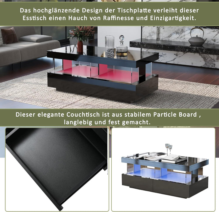 Merax Couchtisch Hochglanz mit LED, Moderner Wohnzimmertisch mit Stauraum Schubladen, Multifunktiona