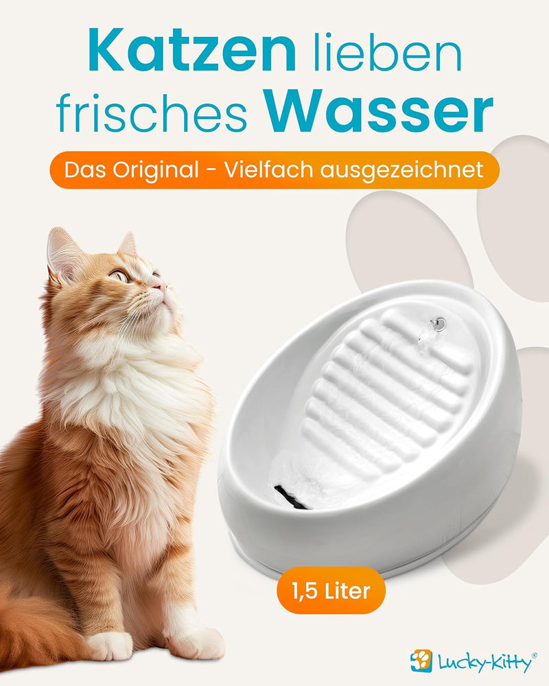 Lucky Kitty Trinkbrunnen für Katze weiss I Katzenbrunnen Keramik Handarbeit, hygienisch I Kein Aufla