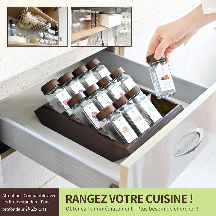 Gewürzregal Schublade mit 2-in-1 Akazien Gewürzregal Holz (FCM®) – 12x120ml Gewürzgläser Eckig, 120