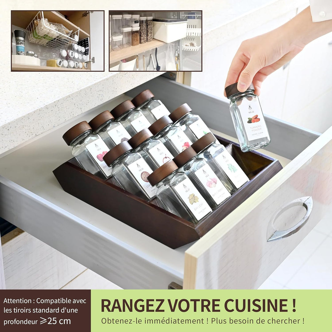 Gewürzregal Schublade mit 2-in-1 Akazien Gewürzregal Holz (FCM®) – 21x120ml Gewürzgläser Eckig, 120