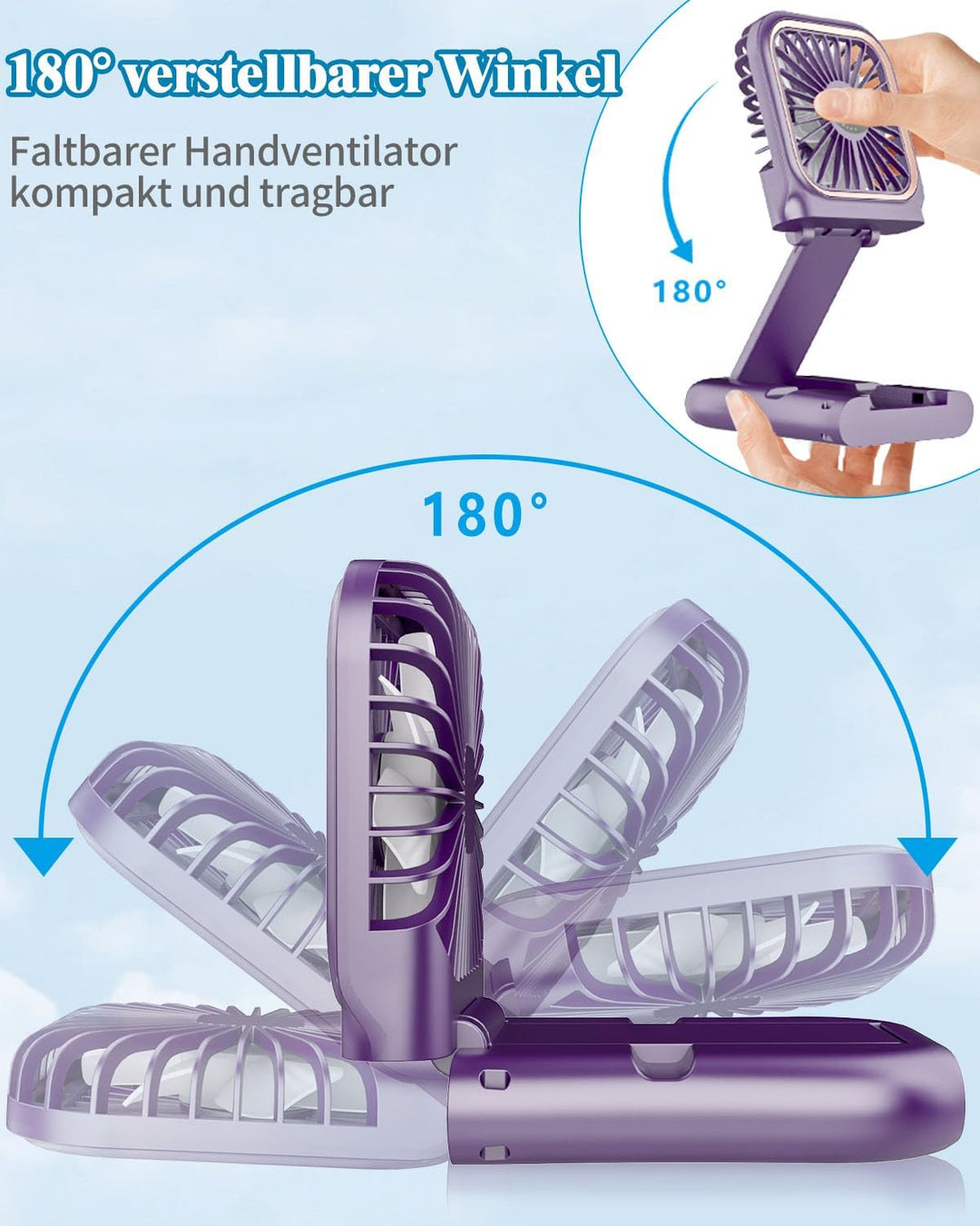 DDKJ Handventilator, Tragbarer Mini Ventilator Hand, 3 Geschwindigkeiten Portable Fan Klein (180°sch