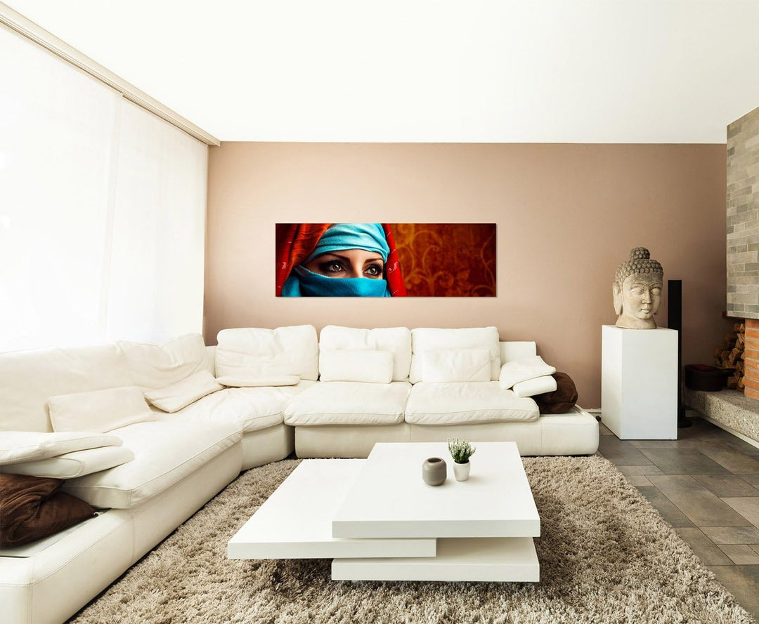 Paul Sinus Art Panoramabild auf Leinwand und Keilrahmen 120x40cm Arabien Frau Gesicht Portrait