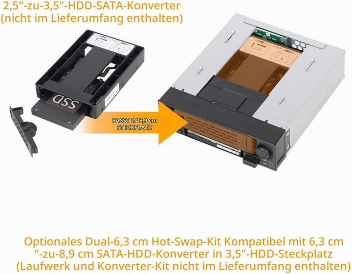 ICY DOCK SATA Hot Swap Wechselrahmen für 2,5 Zoll (6,4cm) und 3,5 Zoll (8,9cm) SSD/HDD in 1x 5,25 Zo