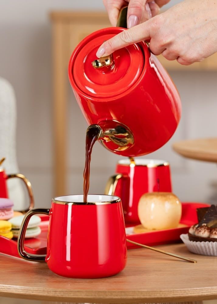 HowHomely Keramik Kaffeeservice für 4 Personen Modern - Rot Set mit Kanne, 4 Tassen und Serviertable