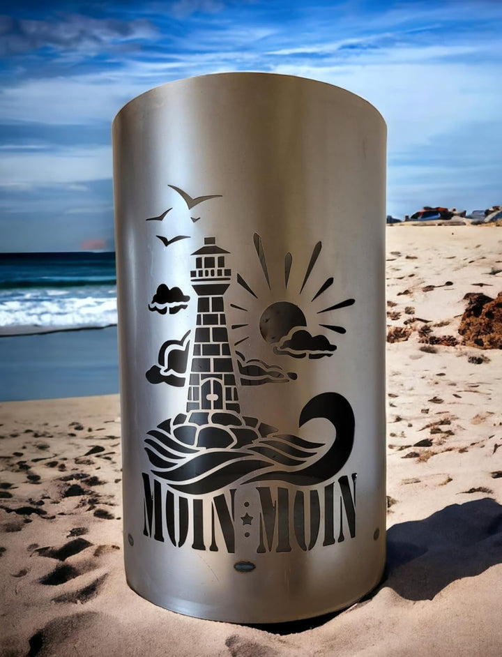 TiKo-Design® Feuertonne - Lagerfeuertonne - Feuerkorb mit Leuchtturm Moin Moin Motiv – Verleihen Sie