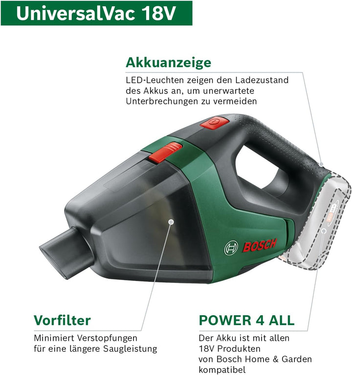 Bosch Home and Garden Akku Staubsauger UniversalVac 18 (2,5 Ah Akku, 18 Volt Sytem, im Karton), Gree
