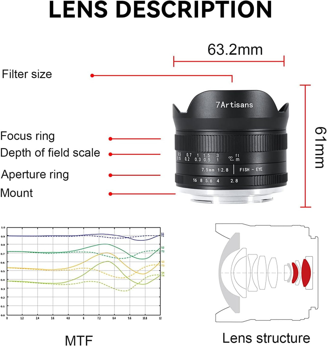 7artisans 7,5 mm f2.8 Mark II APS-C Fischaugen-Weitwinkel-Objektiv für spiegellose Canon R Mount Kam