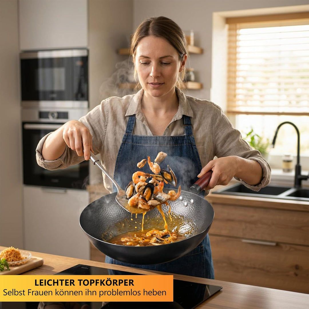 Wok mit Deckel 32cm Gusseisen Wokpfannen: Wok für Alle Herdarten Geschmiedet Eisenpfanne Keine Chemi