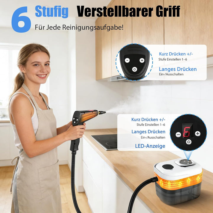 2500W Handdampfreiniger, 6 Geschwindigkeitsstufen, 1,7L Wassertank Steam Cleaner, Dampfreiniger Hand