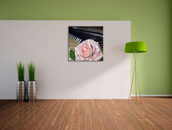 Pixxprint Noten auf zarter Rose neben Klavier, Format: 70x70 auf Leinwand, 70x70