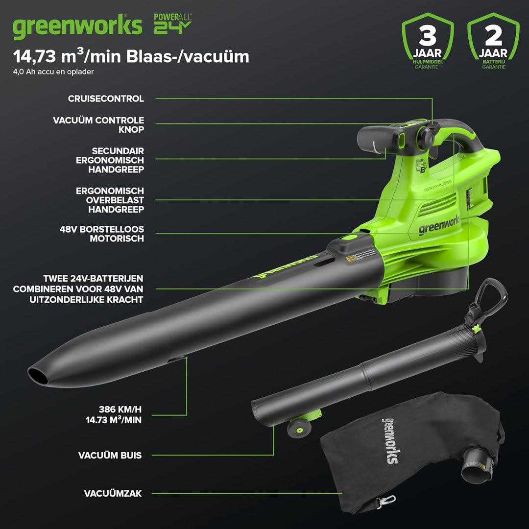 Greenworks 48V(24V x 2) Akku Laubsauger - Laubbläser mit Schultergurt, bürstenloser Motor, 386 km/h,