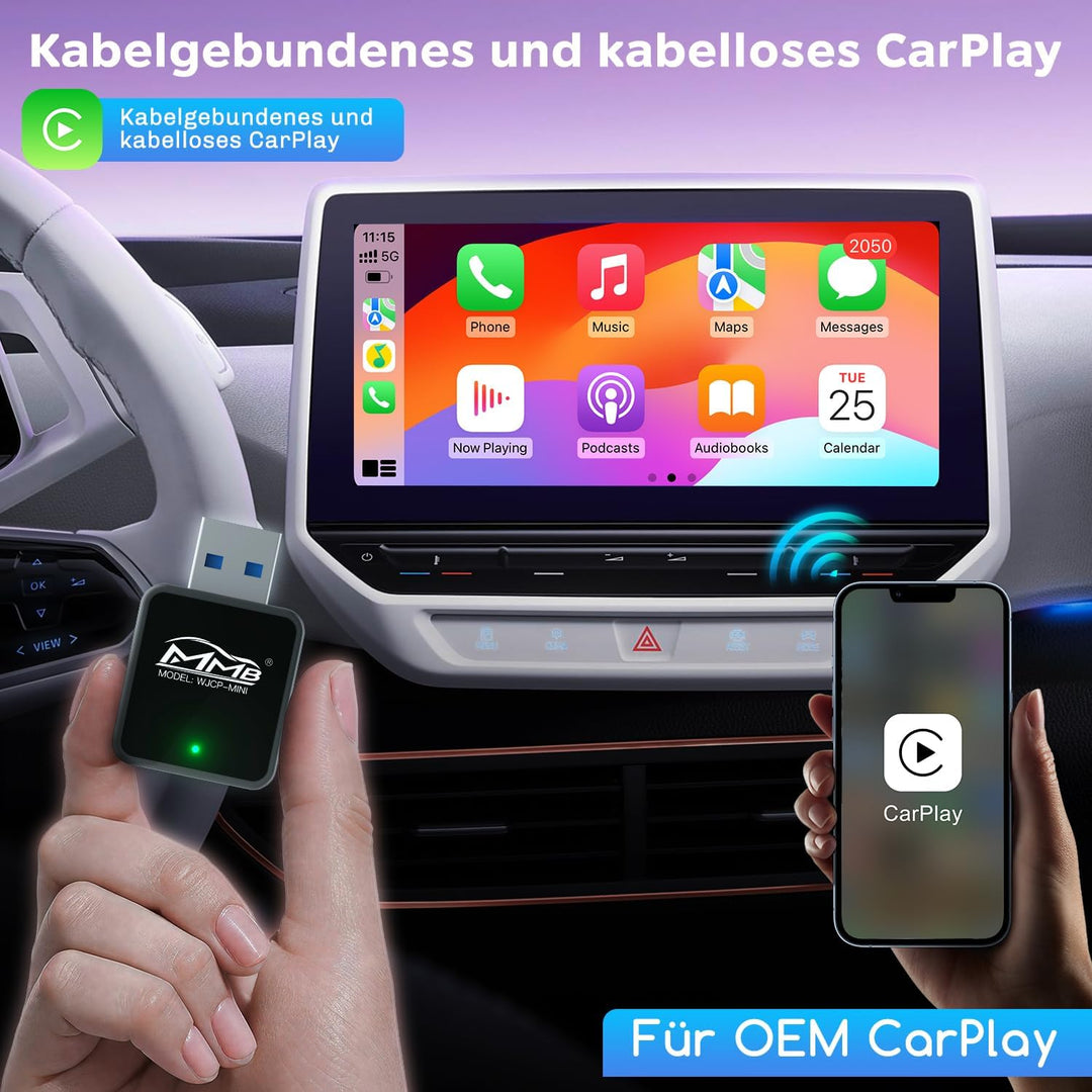 MMB WJCP-MINI CarPlay Wireless Adapter,2024 Upgrade Wireless Car Play Adapter-Dongle, Wandelt Werkse
