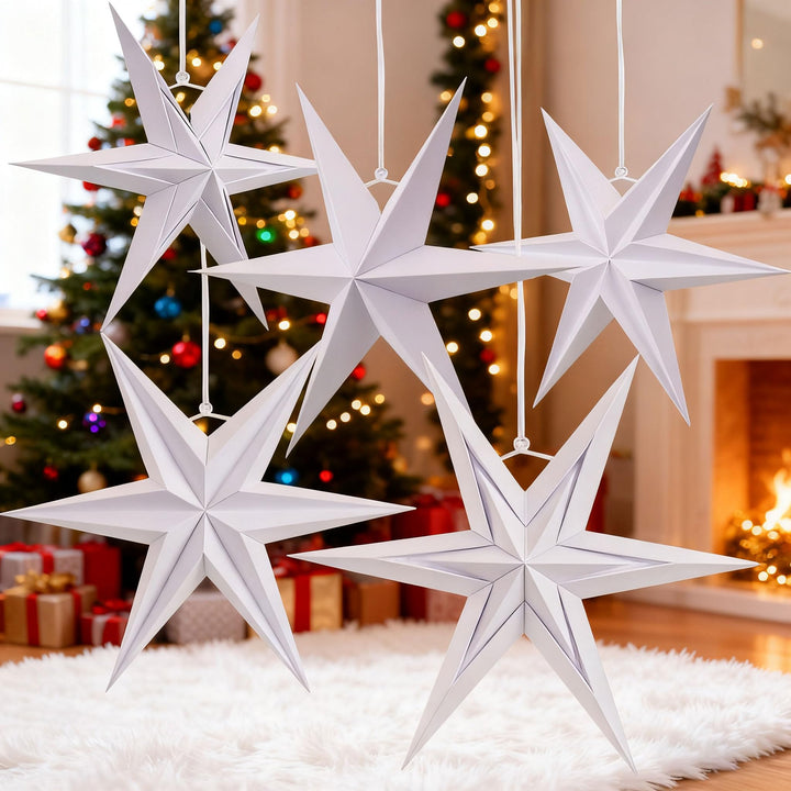 EASY JOY 5 Stück Papiersterne Weihnachten Weisse,6 Zacken Faltsterne,Papiersterne Zum Aufhängen,Weih
