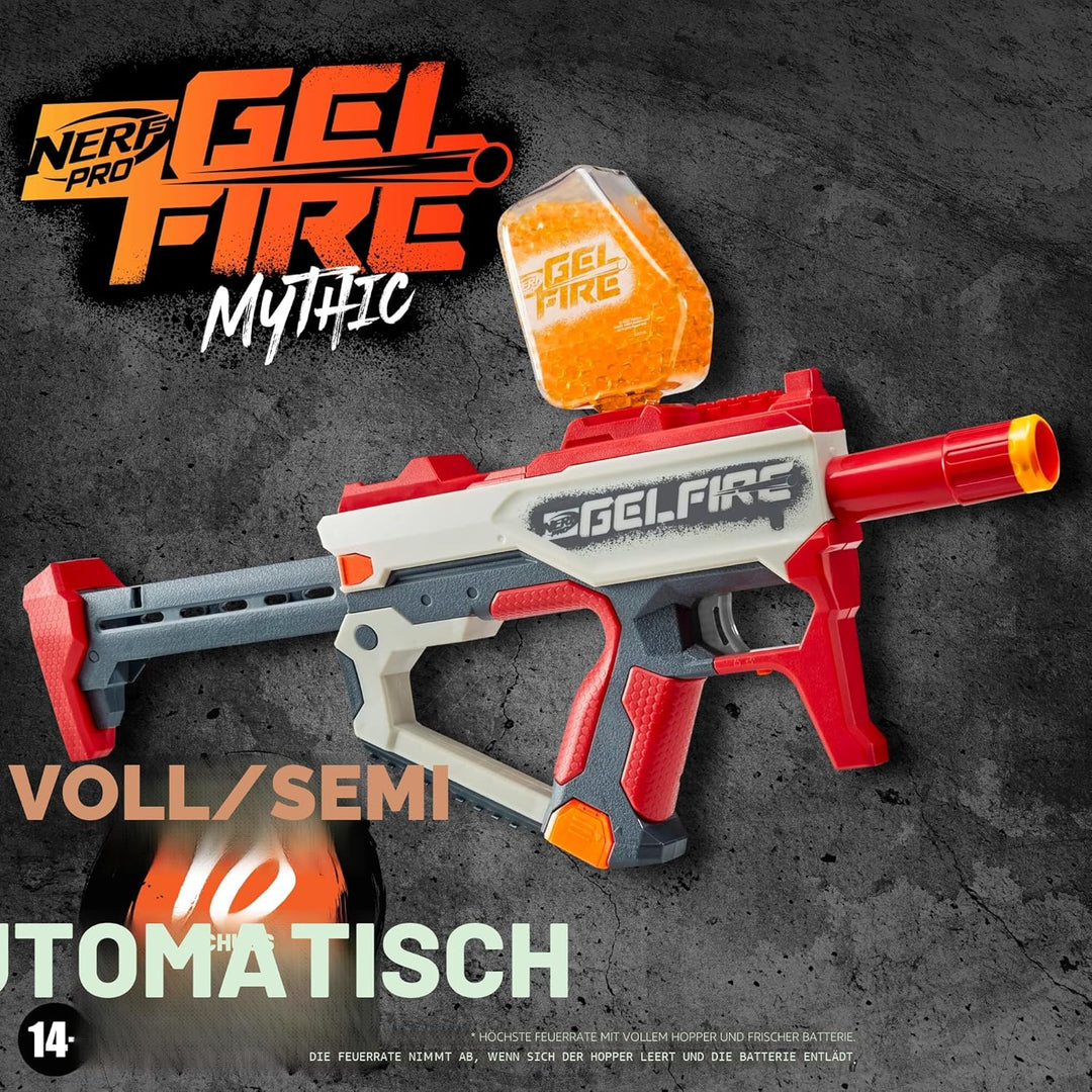 Nerf Pro Gelfire Mythic Blaster, 1.600 Gelfire Runden, Trichter, Akku, Brille