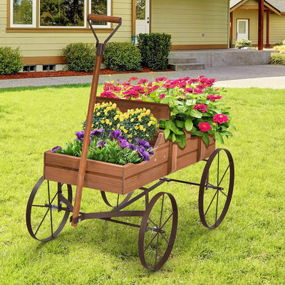 RELAX4LIFE Blumenständer mit 4 Rädern aus Metall, Pflanzwagen aus Massivholz, Holzwagen bis zu 15 kg