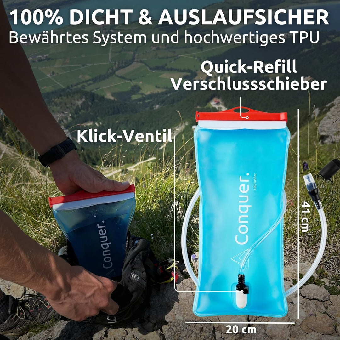 Conquer. Trinkblase mit abnehmbarem Trinkschlauch & Biss-Ventil | BPA-freie Wasserblase als Trinksys