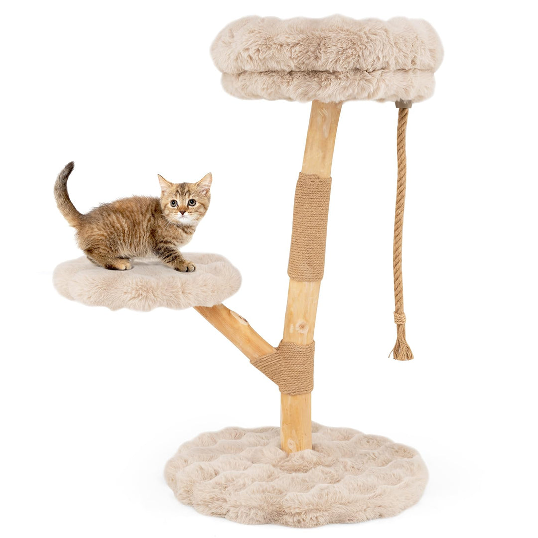 COSTWAY 90 cm Kratzbaum Holz, Katzenbaum mit 3 Plüschsitzflächen, Seil & Kratzpfosten aus Jute, Katz