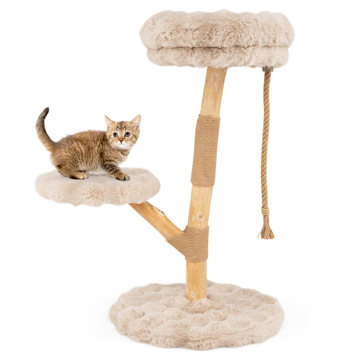 COSTWAY 90 cm Kratzbaum Holz, Katzenbaum mit 3 Plüschsitzflächen, Seil & Kratzpfosten aus Jute, Katz