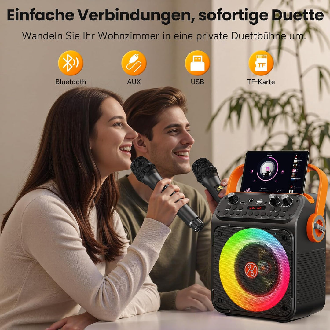 HWWR Karaoke Anlage mit 2 Mikrofonen, Bluetooth Lautsprecher mit 6,5 Zoll Subwoofer, RGB-Lichteffekt