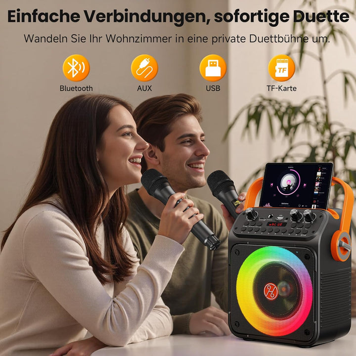 HWWR Karaoke Anlage mit 2 Mikrofonen, Bluetooth Lautsprecher mit 6,5 Zoll Subwoofer, RGB-Lichteffekt