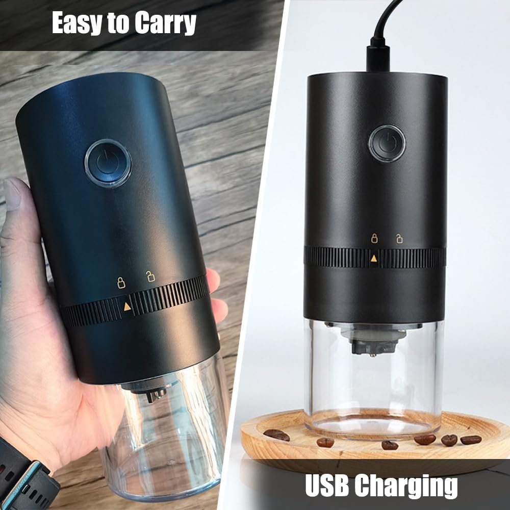 Kaffeemühle, Tragbare Kleine Bohnenmühle, Stufenlos Einstellbarer Mahlgrad, 1250 mAh, USB Wiederaufl