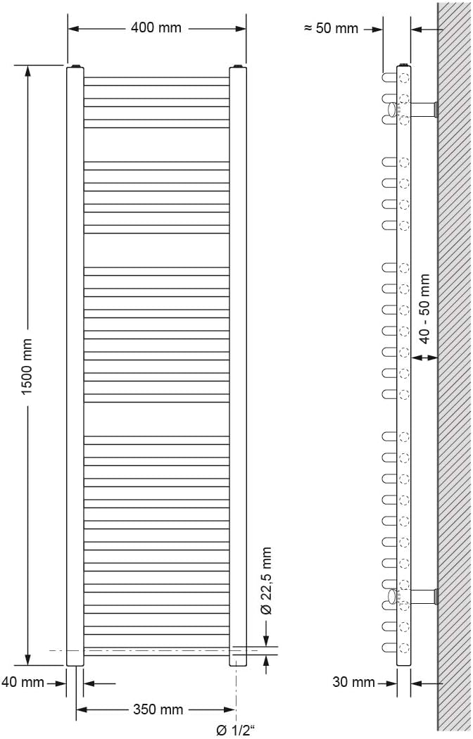 ECD Germany Badheizkörper Elektrisch 400 x 1500 mm Weiss mit Heizstab 1200W Grosse Leistung - geboge