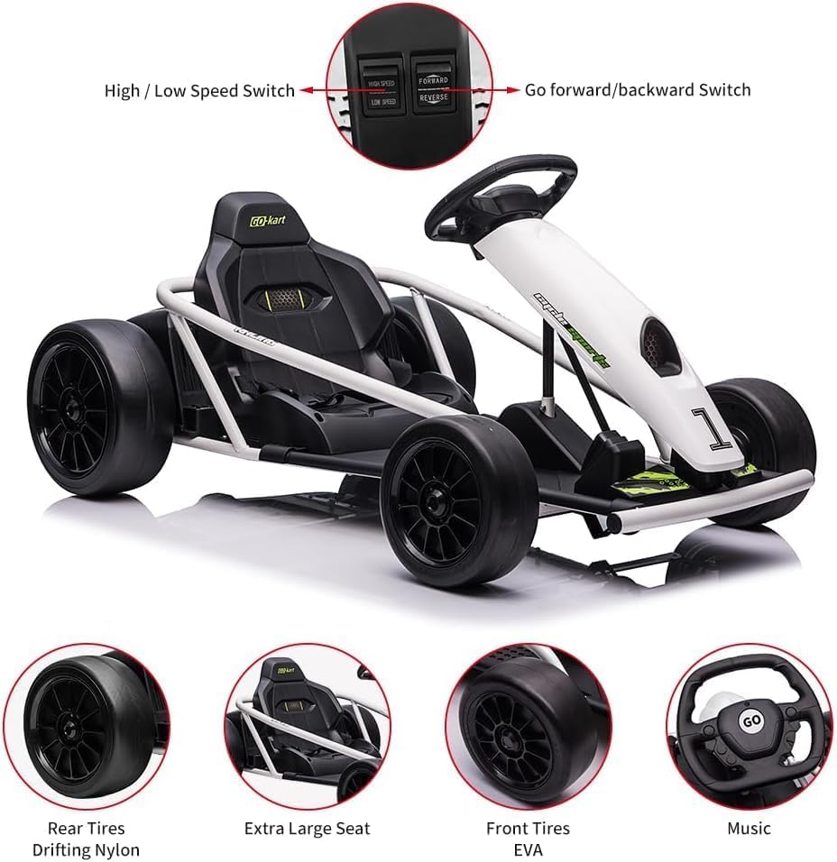 Elektrisches Go-Kart Weiss 24V für Kinder, Drift Kart mit 2×12V 9Ah Akku, Verstellbarem Sitz, Vor- u