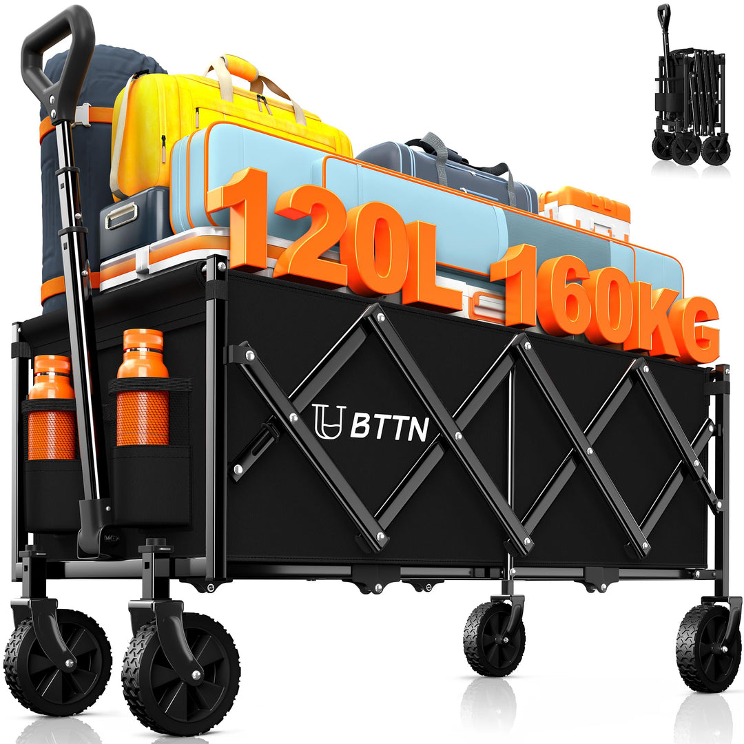 BTTN 120L Klappbarer Bollerwagen, 160kg (350LBS) Traglast Handwagen Faltbar mit Leisen Rädern, Bolle