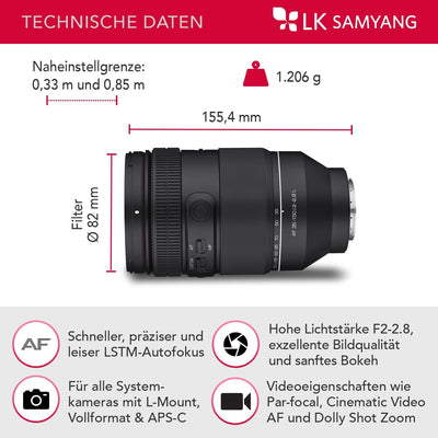 Samyang AF 35-150mm F2-2,8 für L-Mount Objektiv - Allround Zoomobjektiv mit Parfocal, Cinematic Vide