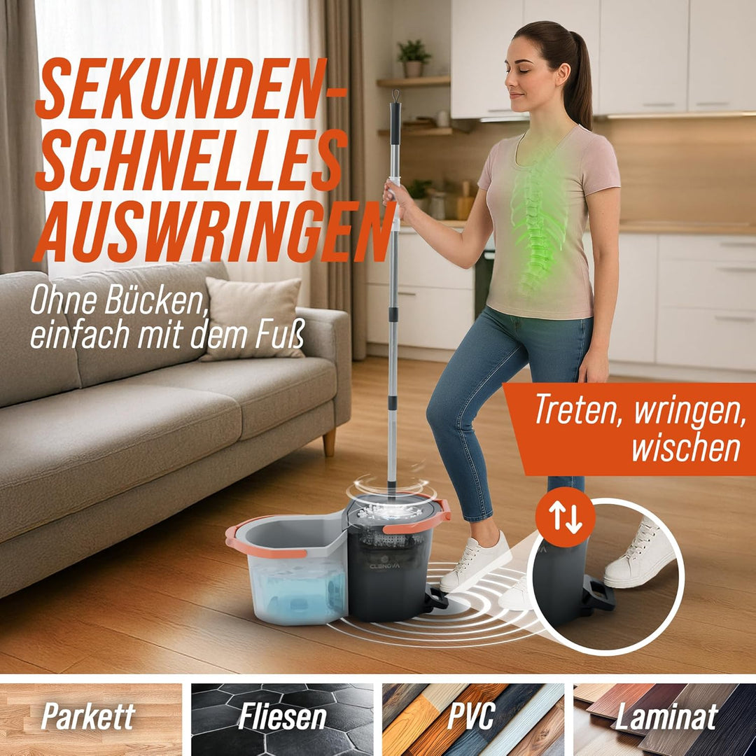 Wischmopp Set mit Eimer [Schmutzwasser Trennung] Bodenwischer mit Pedal-Auswringfunktion &amp; 2 Mikrofa