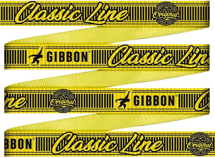 Gibbon Slacklines Classic Original Komplett-Set | 25m | TÜV Geprüft | Balance und Spass mit Trampoli