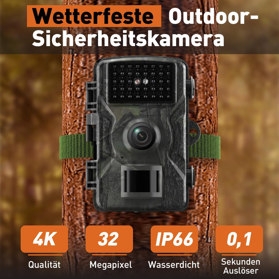Wildkamera, 60MP 4K Video Wildtierkamera, 0,1 Sekunden ausgelöste IP66 wasserdichte Wildkamera mit N