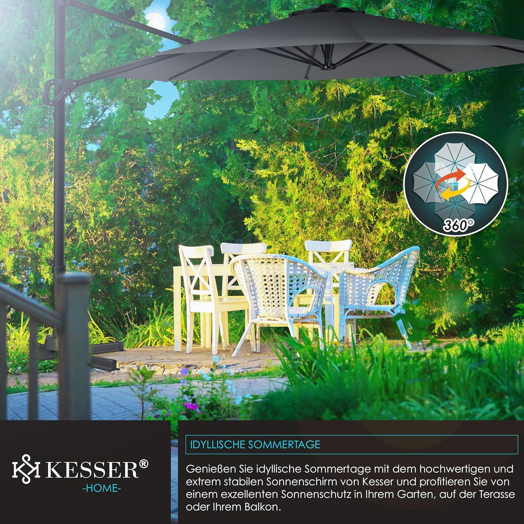 KESSER® Sonnenschirm Ampelschirm Sun Rund XL Ø330 cm Inkl. Abdeckung + Windsicherung 7-Fach Verstell