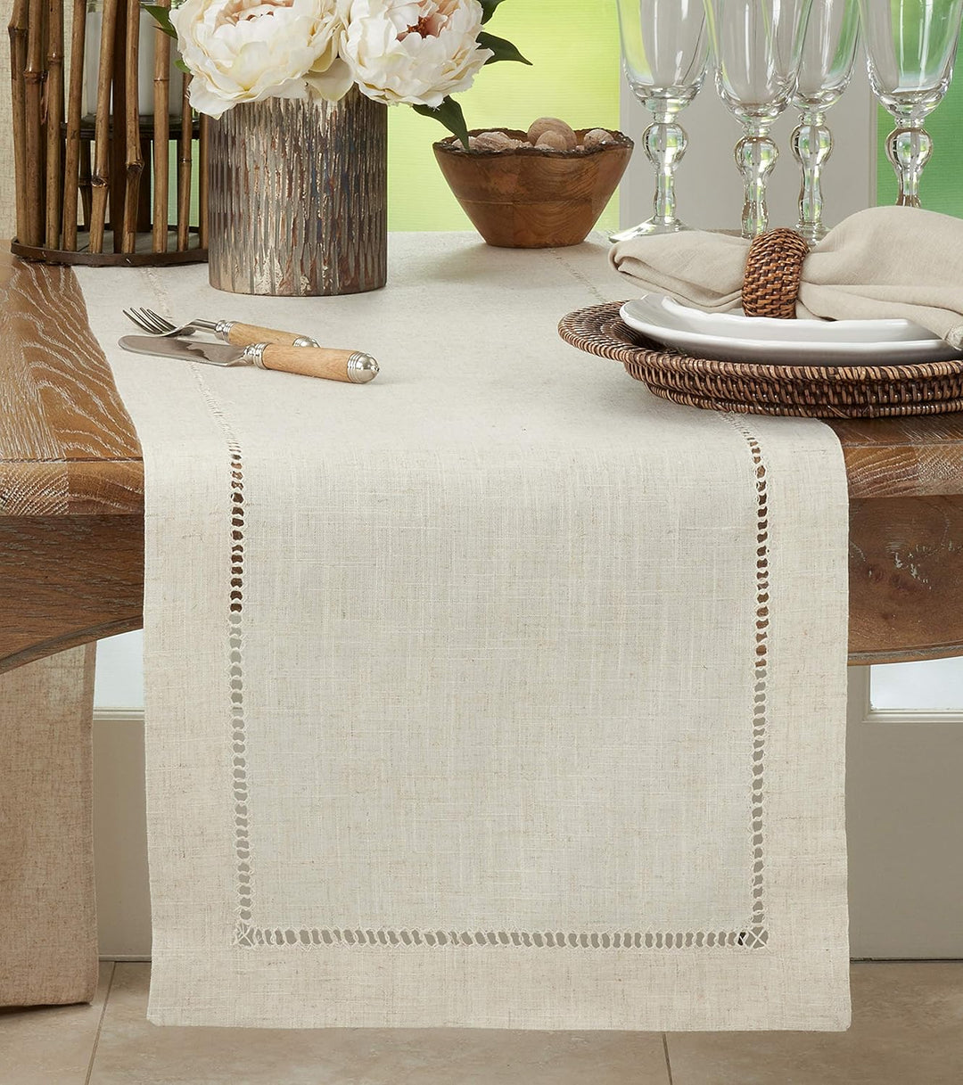 SARO LIFESTYLE 731.N1672B Toscana Collection Leinen-Mischgewebe, gesäumt, natürlich, 40,6 x 182,9 cm