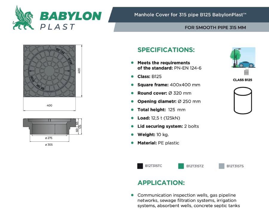 BABYLONPLAST Schachtabdeckung, Telskopabdeckung Rohr DN315 mm Kl.B125 (400x400 mm) Schachtdeckel, Be
