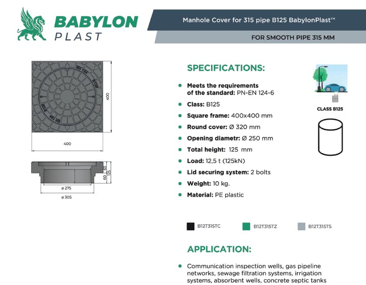 BABYLONPLAST Schachtabdeckung, Telskopabdeckung Rohr DN315 mm Kl.B125 (400x400 mm) Schachtdeckel, Be