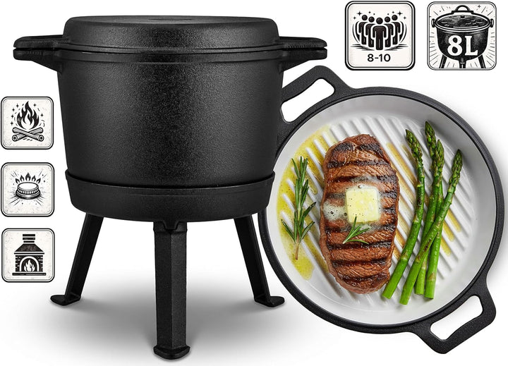 Berdsen Gusseisen Topf 8 L Dutch Oven - Emailierter Feuertopf für Lagerfeuer und Grill - 2-in-1 Deck
