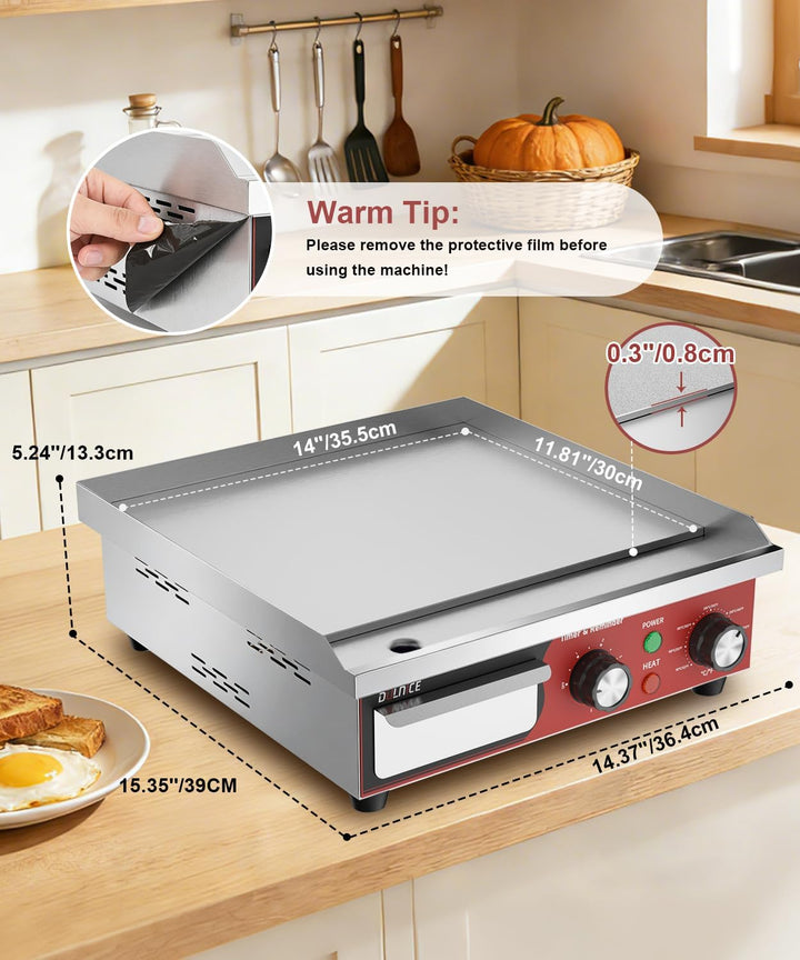 Grillplatte Elektrisch Gastro 36cm,1700W Elektrische Grillplatte Edelstahl mit 5-Minuten-Erinnerungs