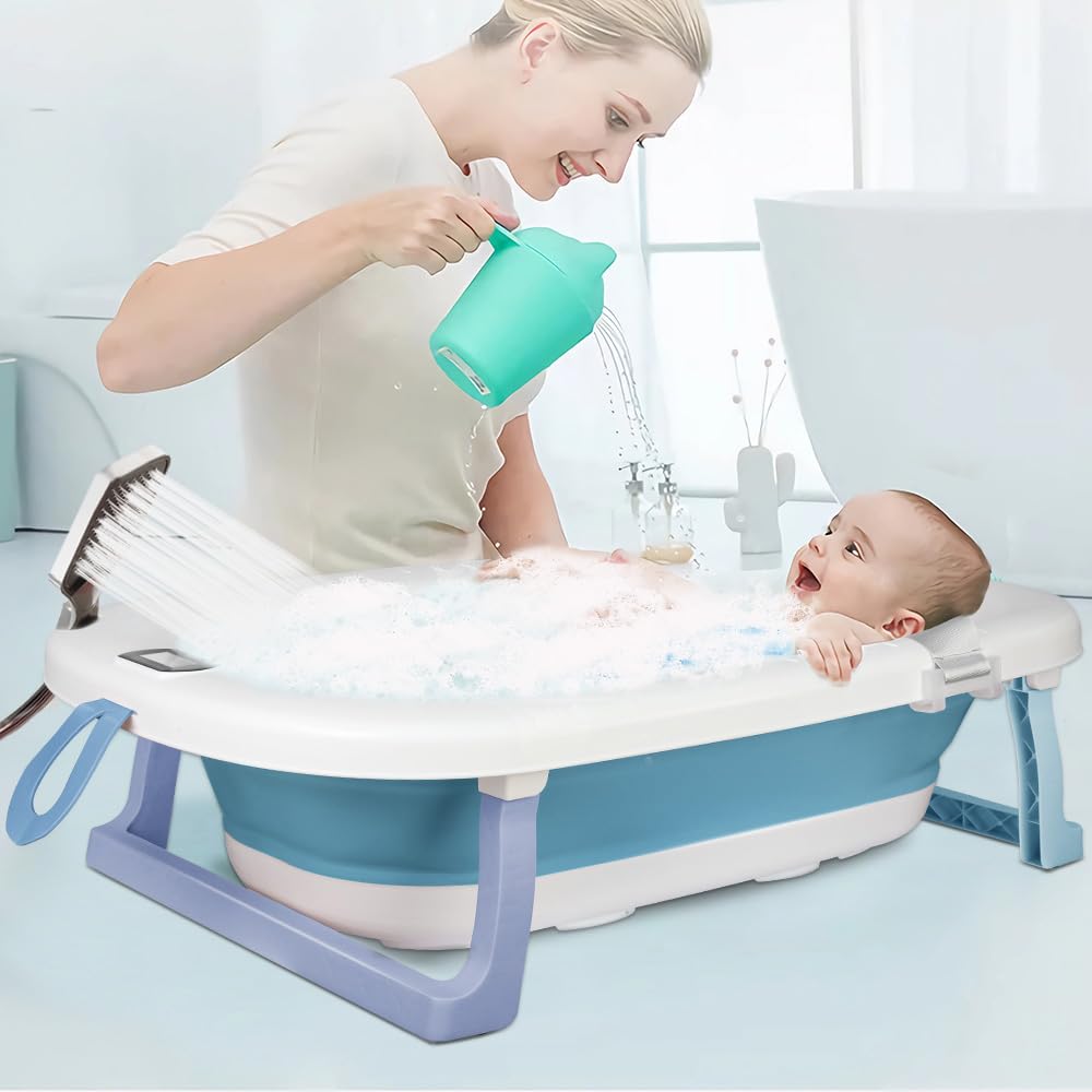Flexible Babybadewanne mit Temperaturanzeige, Duschkissen, Duschstecker, rutschfeste Füsse, faltbare