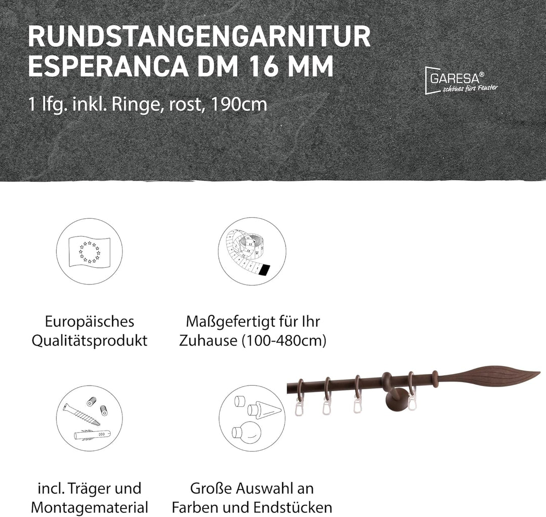 Garesa Gardinenstange Esperanca Ø 16mm, 1-läufig, Rost I Rustikale Vorhangstange inkl. Ringe + Falte