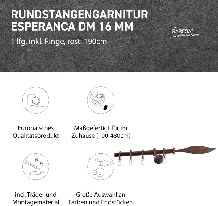 Garesa Gardinenstange Esperanca Ø 16mm, 1-läufig, Rost I Rustikale Vorhangstange inkl. Ringe + Falte